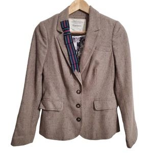 Anthropologie Taupe Tweed Blazer with Navy Stripe Trim